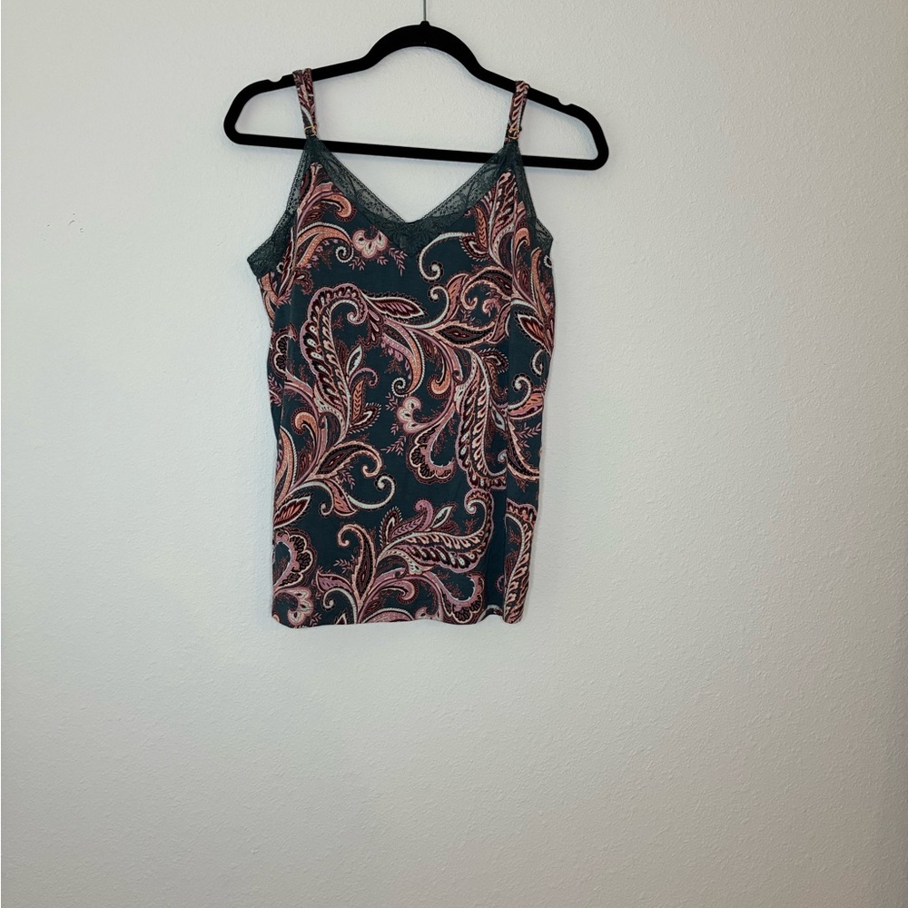 Soma Paisley Lace Trim Camisole Tank Top - Teal and Pink